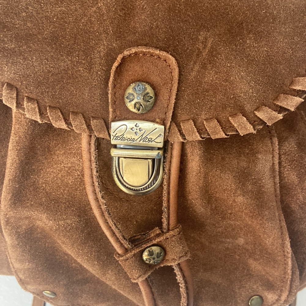 Patricia Nash Casape Backpack in Burnished Suede Cognac, braided trim, durable - Picture 3 of 15